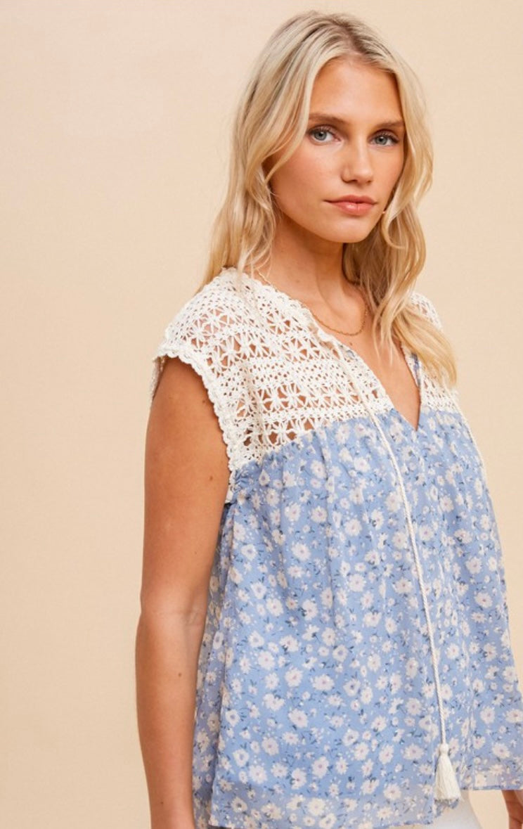 Kaci Crochet Floral Contrast Top