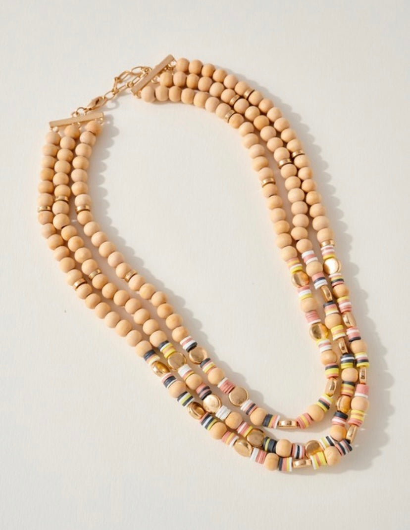 Layered wood beaded necklace