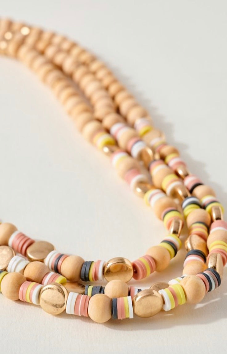 Layered wood beaded necklace