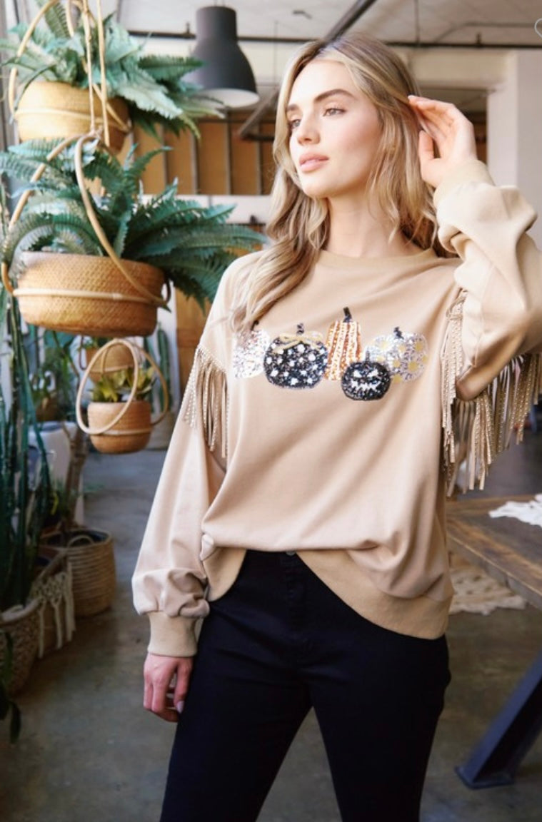 Sequin Pumpkin and Fringe Sweatshirt