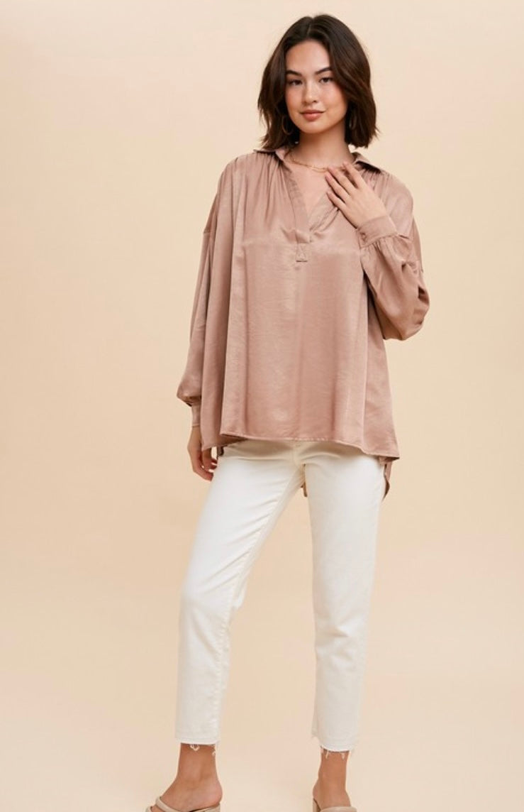 Taryn Satin Collared V Neck Blouse