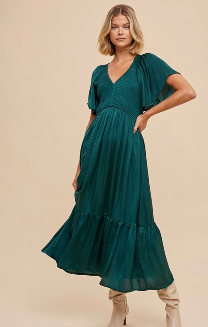 Sarina Smocked Satin Midi Dress