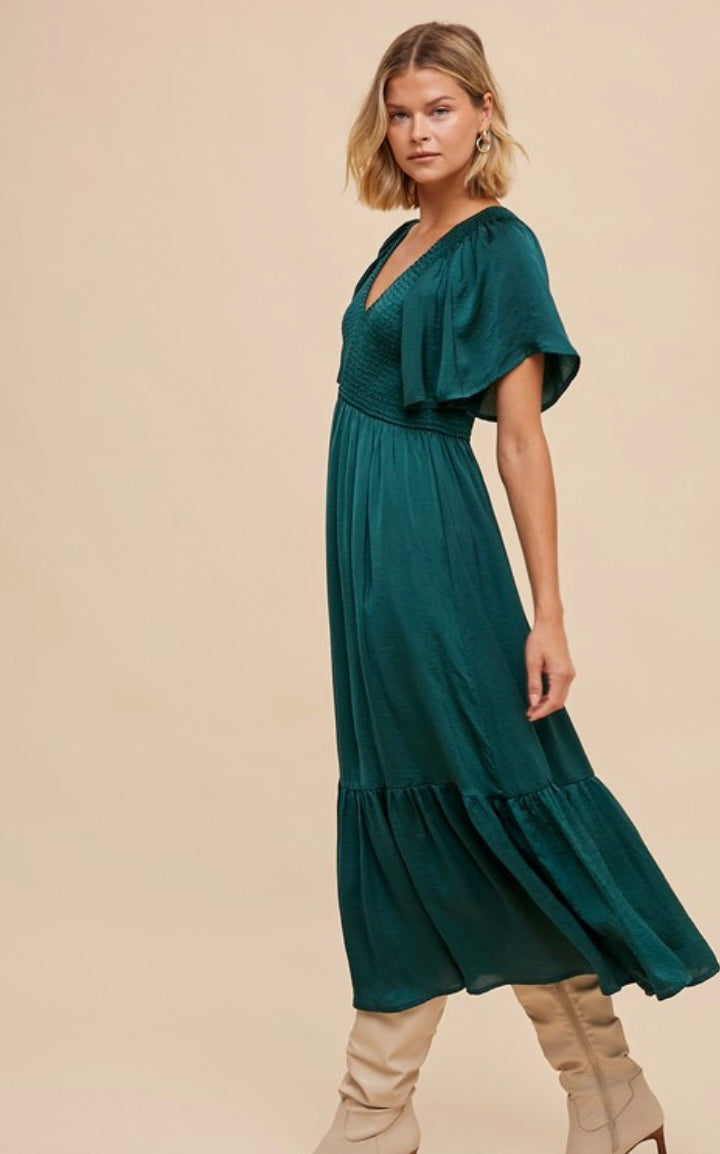 Sarina Smocked Satin Midi Dress