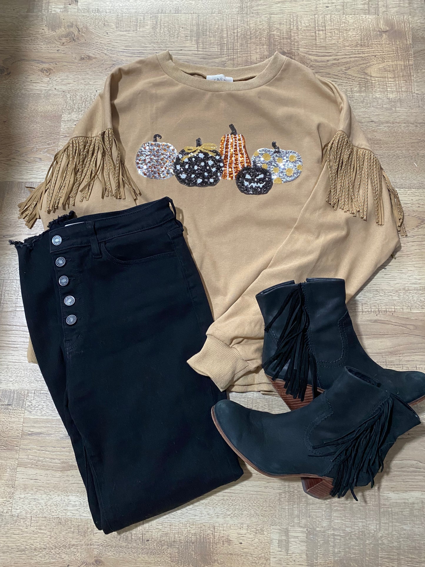 Sequin Pumpkin and Fringe Sweatshirt