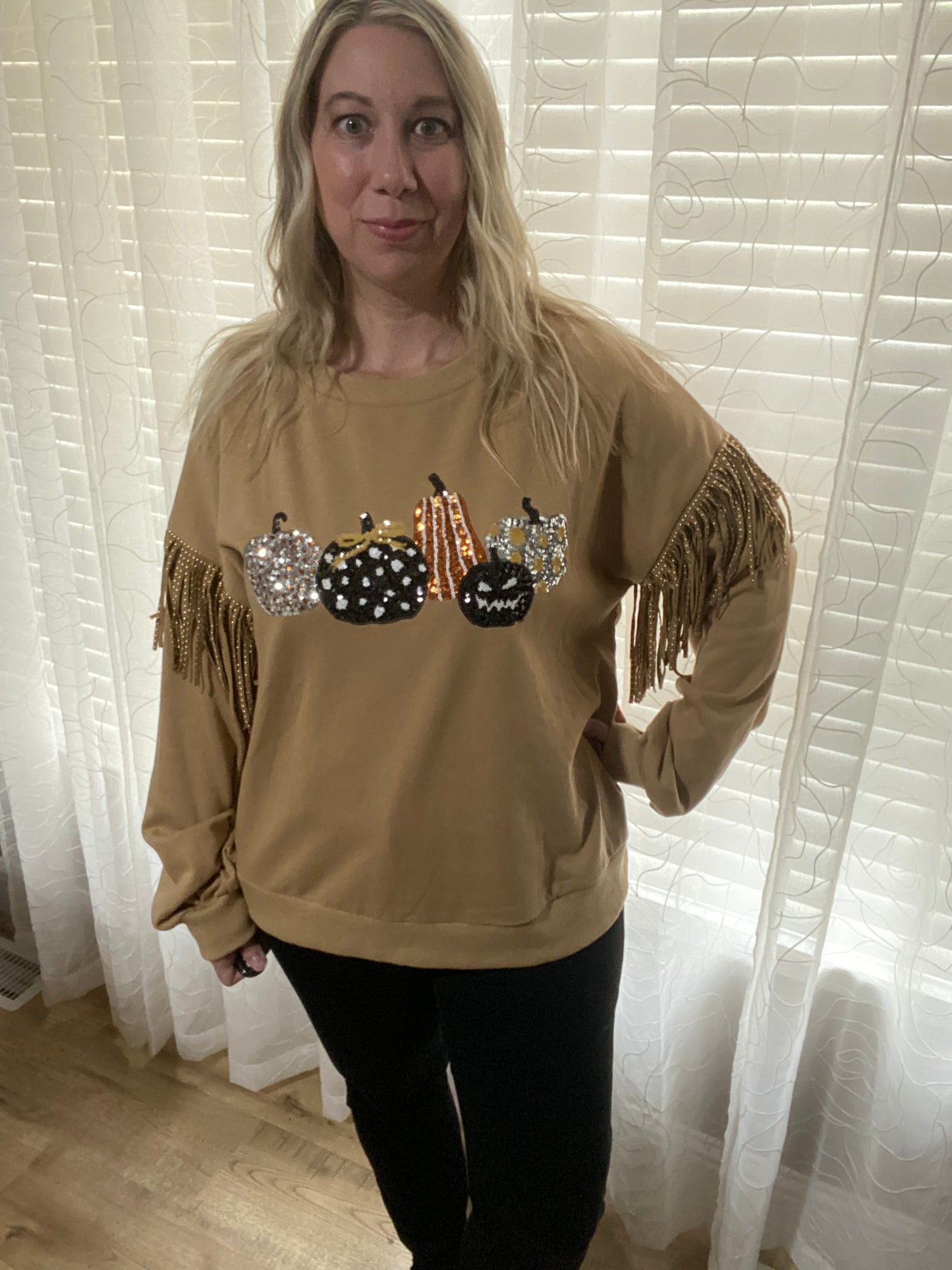 Sequin Pumpkin and Fringe Sweatshirt