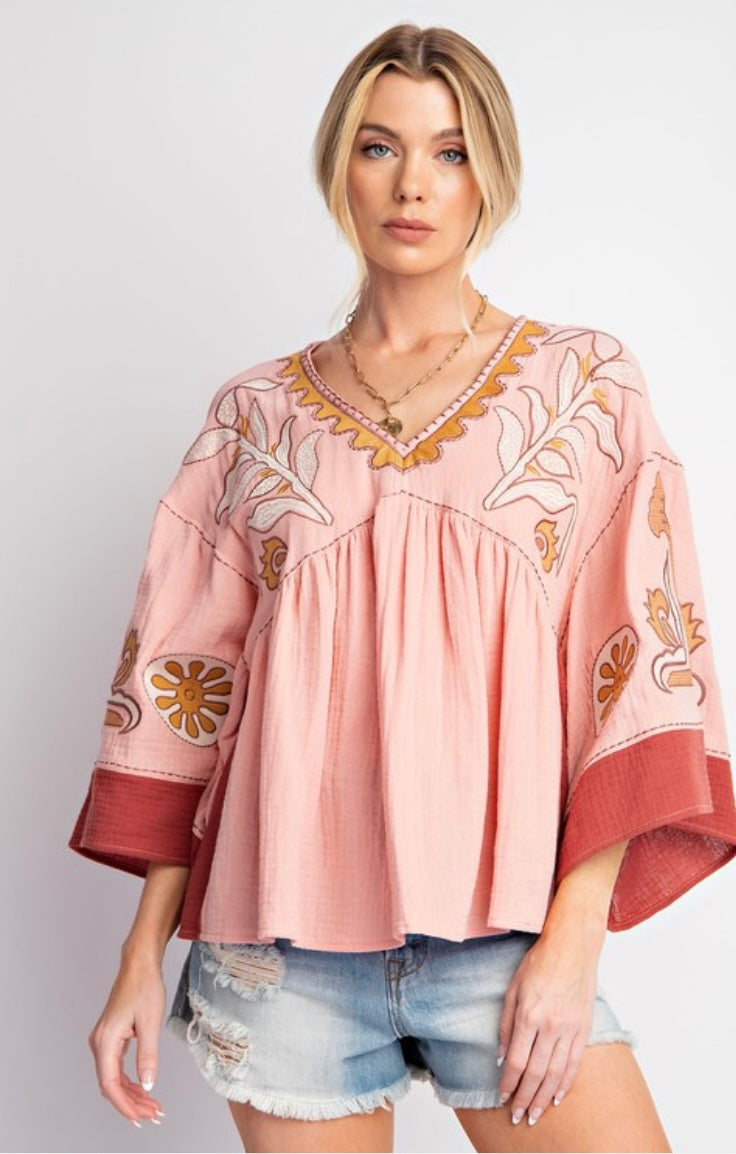 Zena Embroidered Babydoll Top