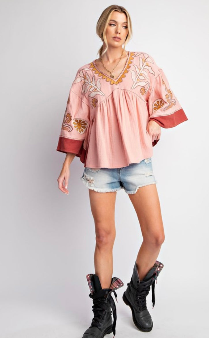 Zena Embroidered Babydoll Top