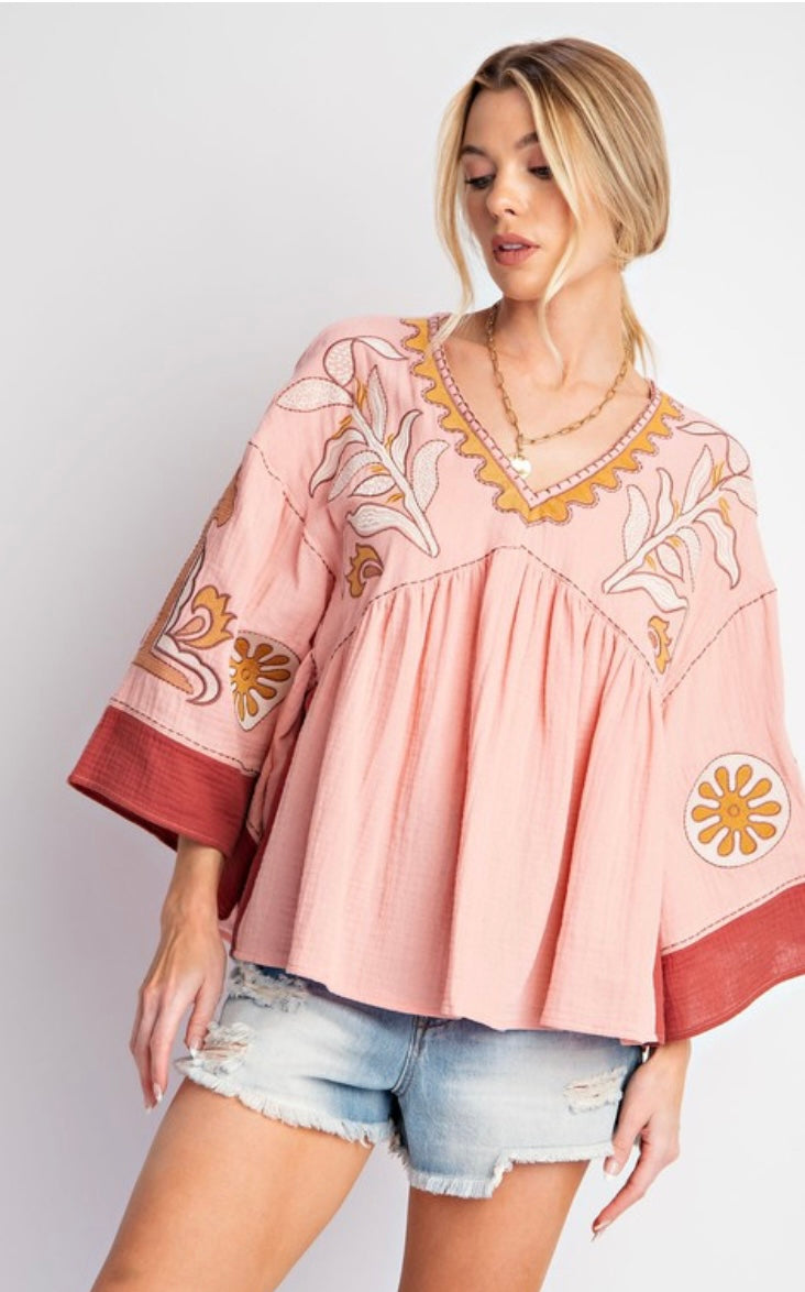 Zena Embroidered Babydoll Top