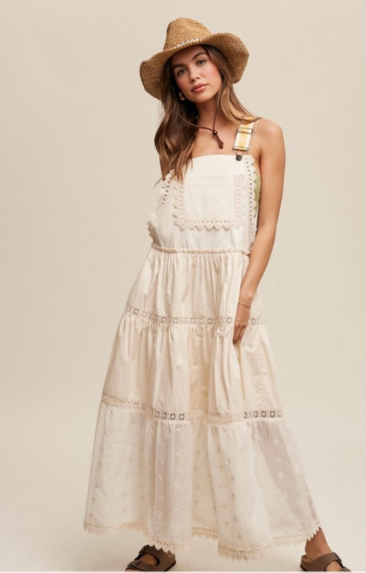 Laced and Tiered Romantic Overall Maxi Dress