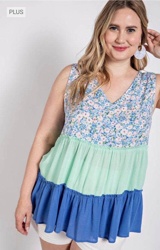 Plus Floral Color Block Ruffle Detail Top