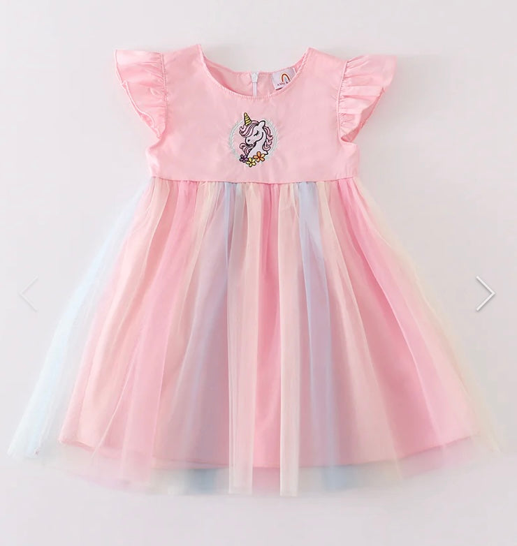 Toddler Girls Rainbow Unicorn Ruffle Dress