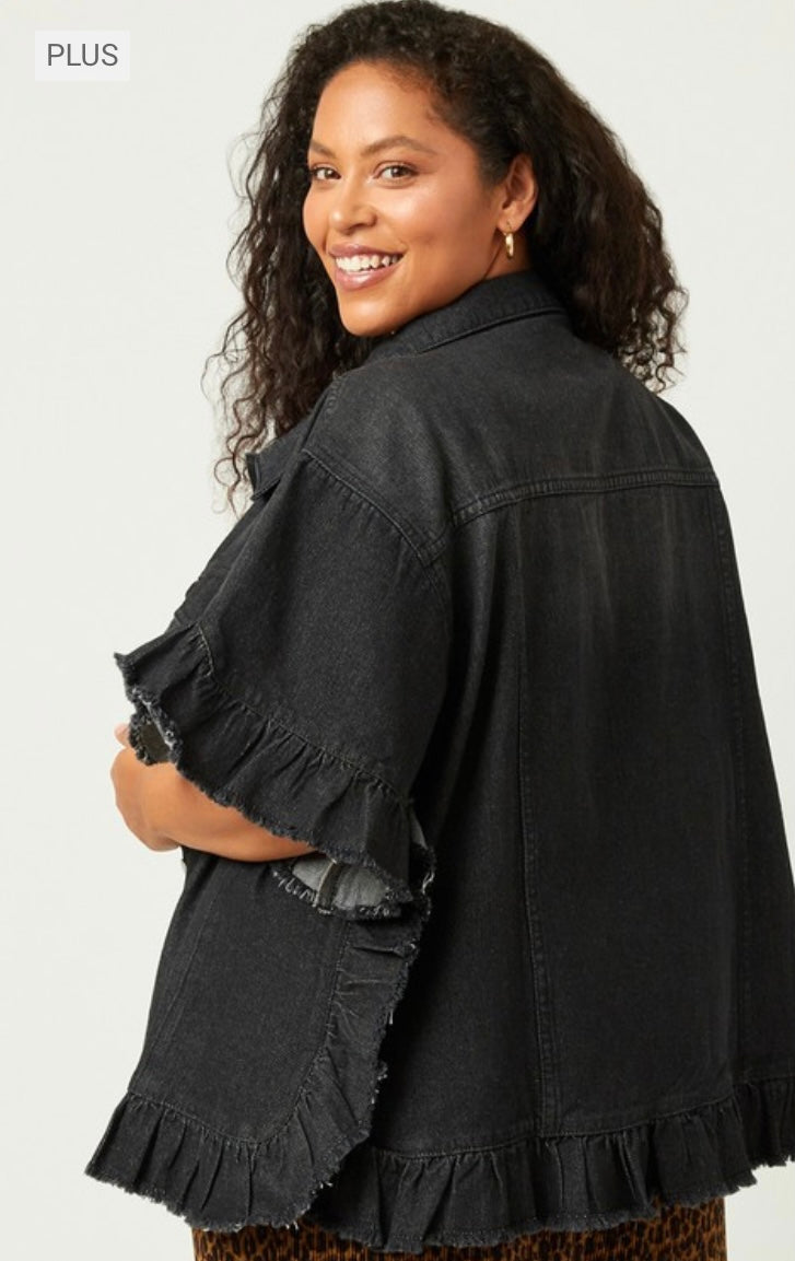 Plus Size Ruffled Denim Jacket