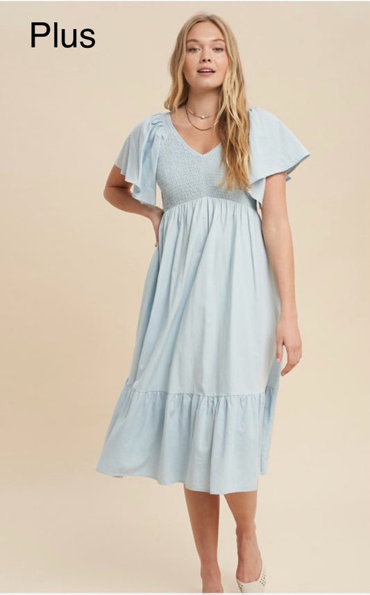 Plus Chambray Flutter Sleeve Smocked Midi Dress