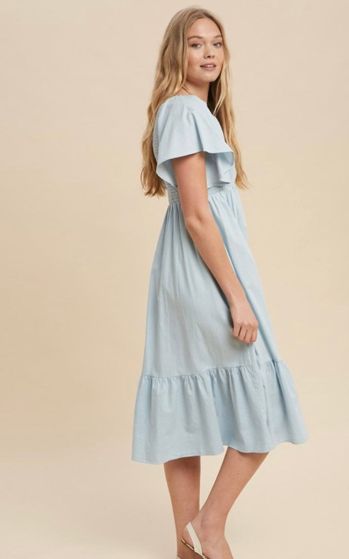 Plus Chambray Flutter Sleeve Smocked Midi Dress