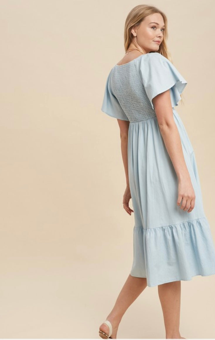 Plus Chambray Flutter Sleeve Smocked Midi Dress