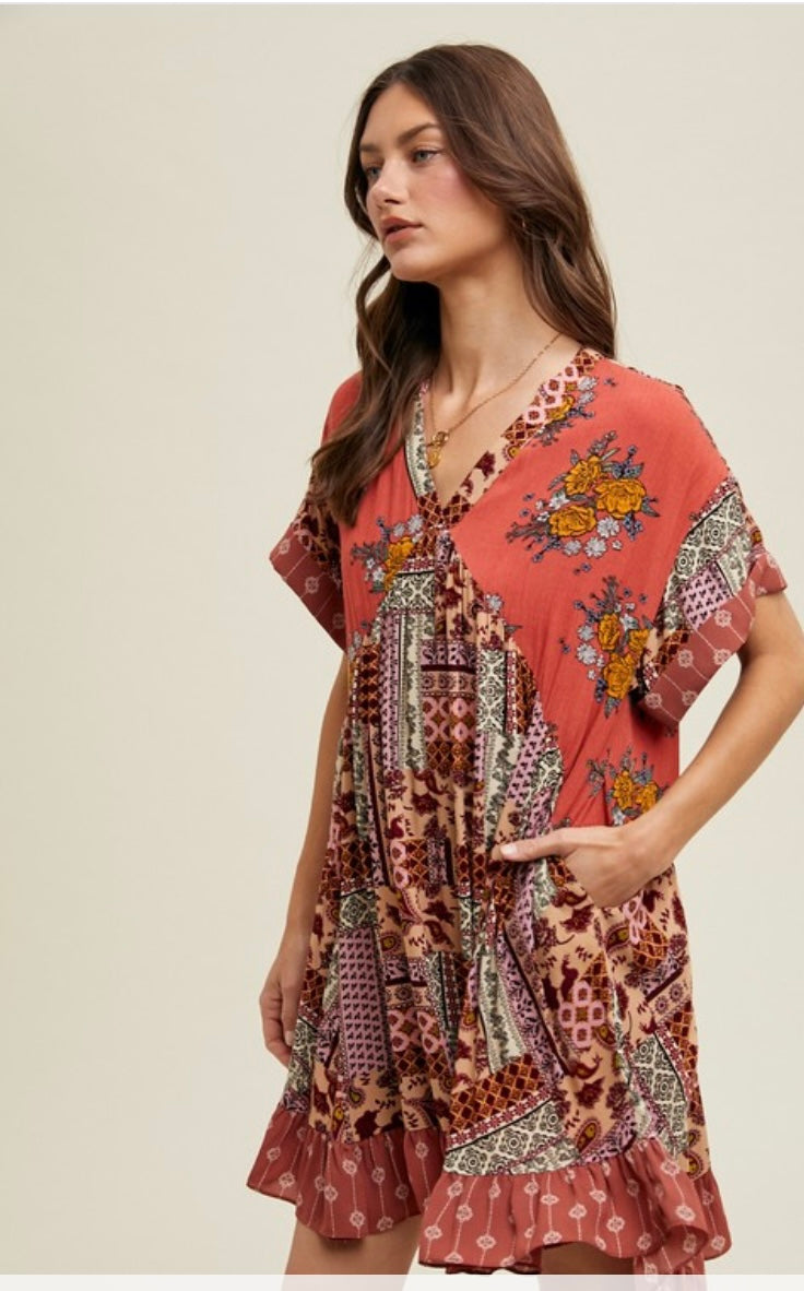 Riley Boho Print Swing Dress With Pockets