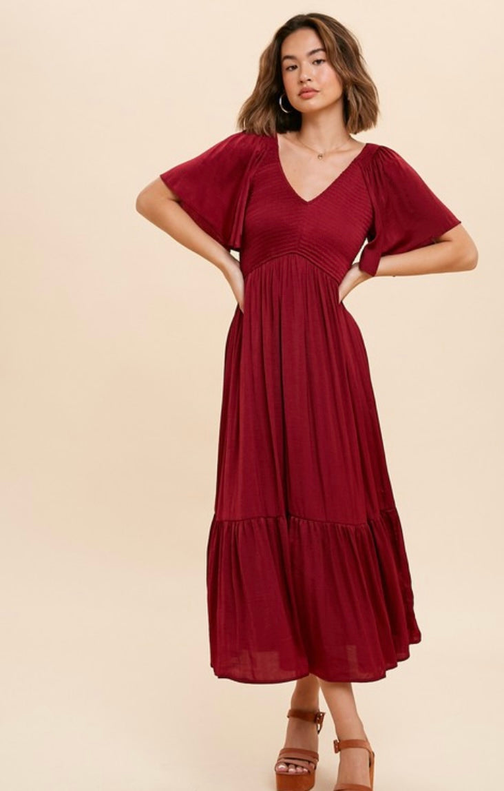 Sarina Smocked Satin Midi Dress