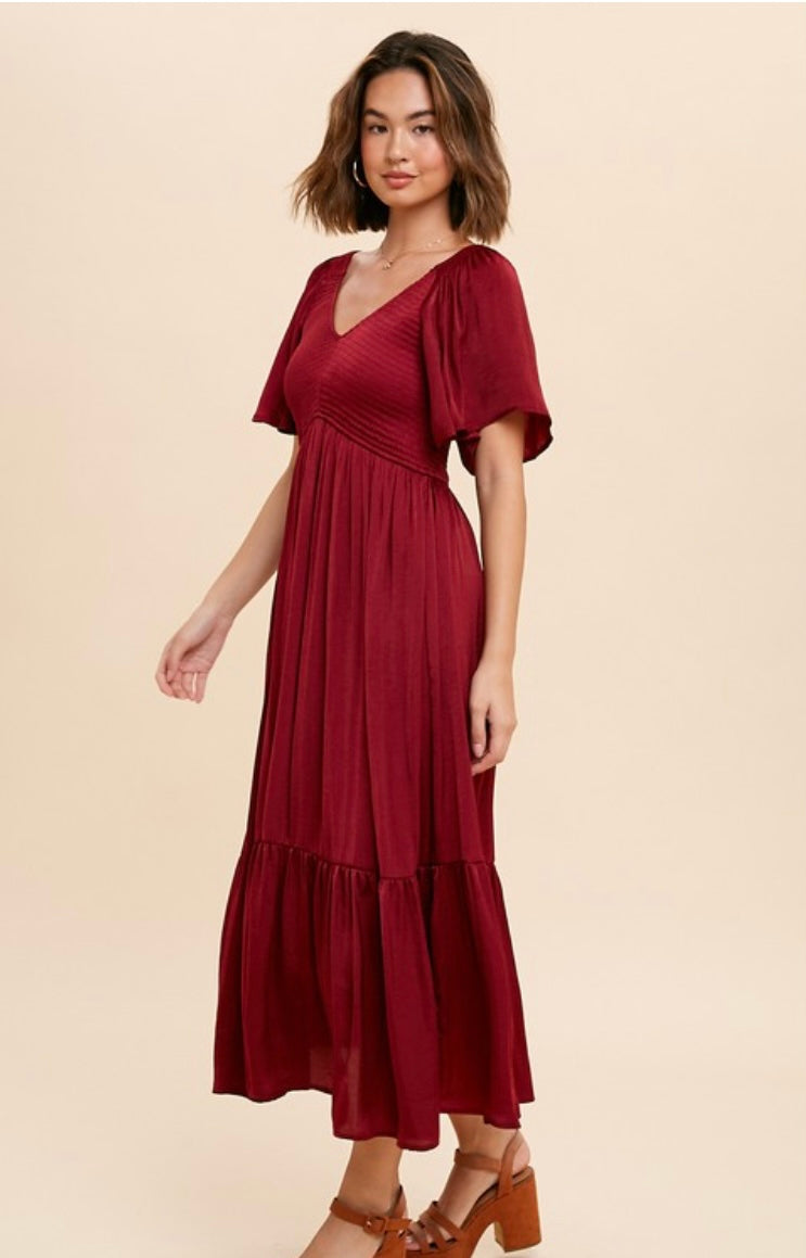 Sarina Smocked Satin Midi Dress