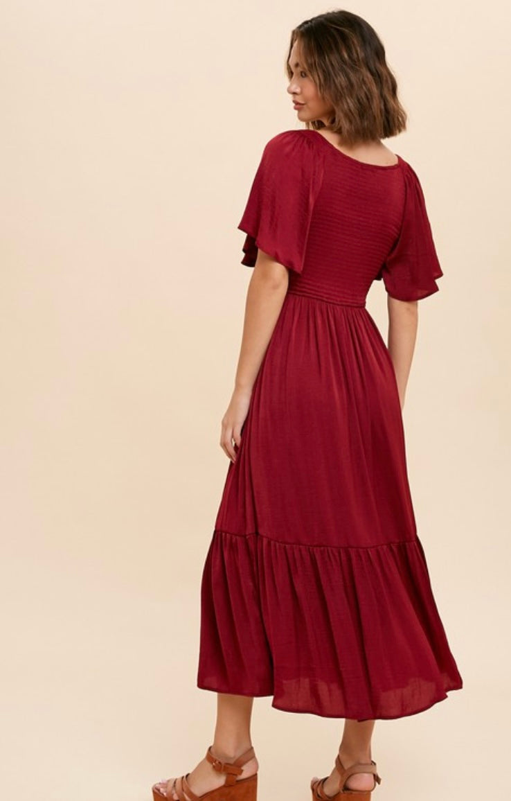 Sarina Smocked Satin Midi Dress