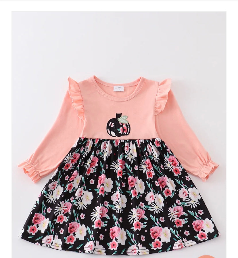 Toddler Girls Pumpkin Appliqué Floral Dress