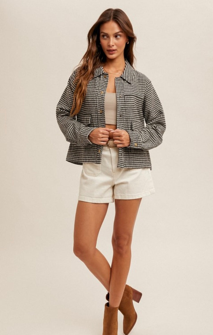 Bekah Houndstooth Snap Button Crop Jacket