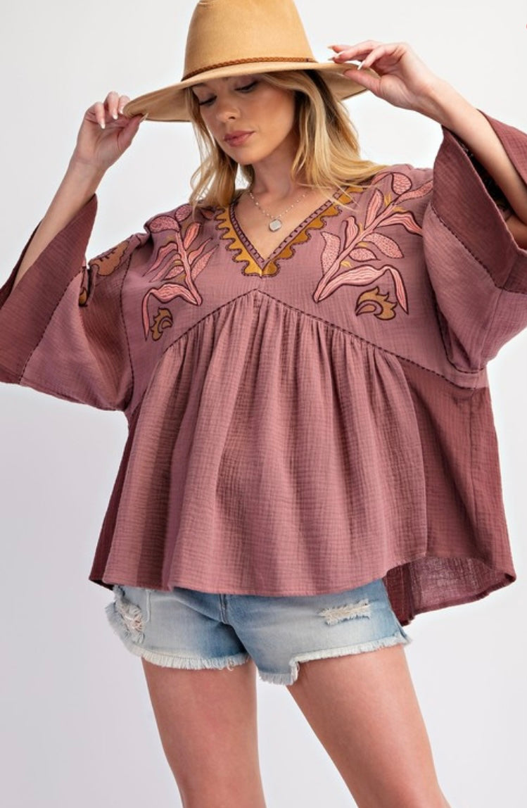 Zena Embroidered Babydoll Top