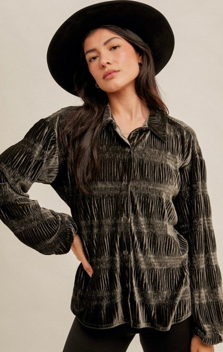 Smocked Velvet Button Down Shirt