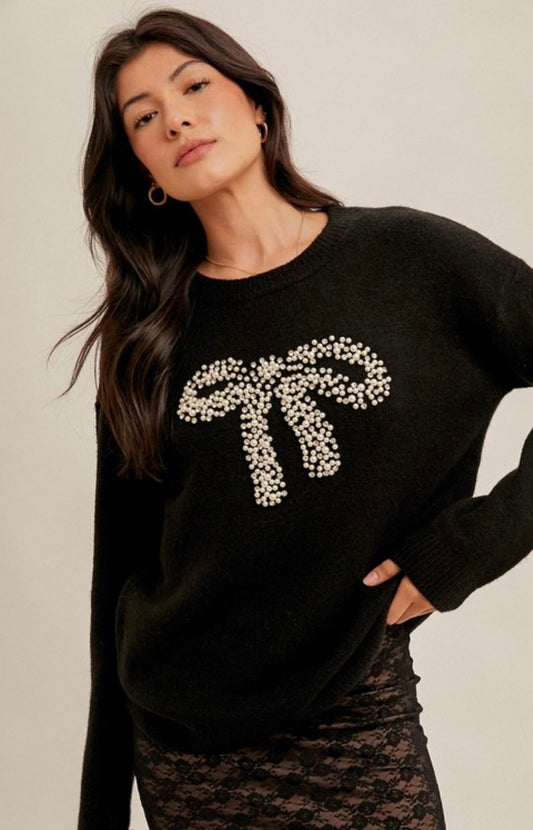 Crew Neck Sweater with Bow Embellishment