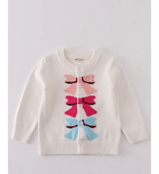 Girls White Bow Tie Sweater Cardigan