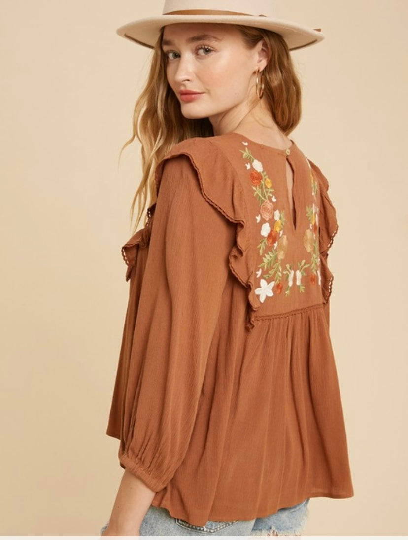 Dalia Embroidered Ruffle Shoulder Blouse