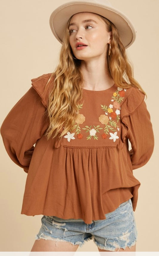 Dalia Embroidered Ruffle Shoulder Blouse