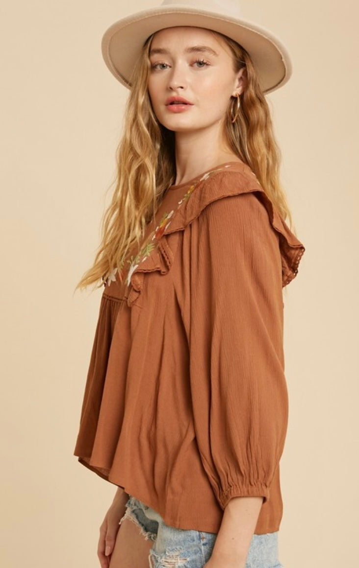 Dalia Embroidered Ruffle Shoulder Blouse